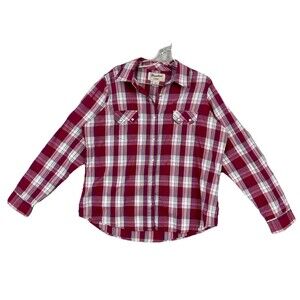 Wrangler Wrancher Womens XL Pearl Snap Shirt Long Sleeve Burgundy Plaid Western